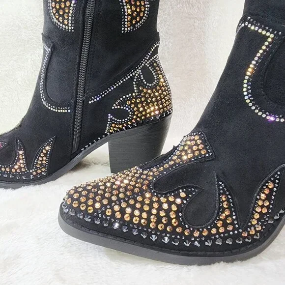 Sparks Country Western Cowgirl Knee Boots Dazzleing Iridescent Rhinestones Black